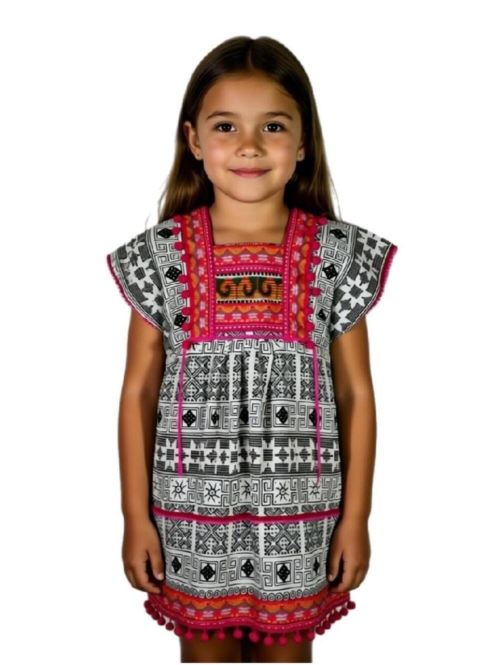 Thailand Hmong Embroidered Tribal Print Pom Pom Dress Girls Sz 8-10 (4)  Boho